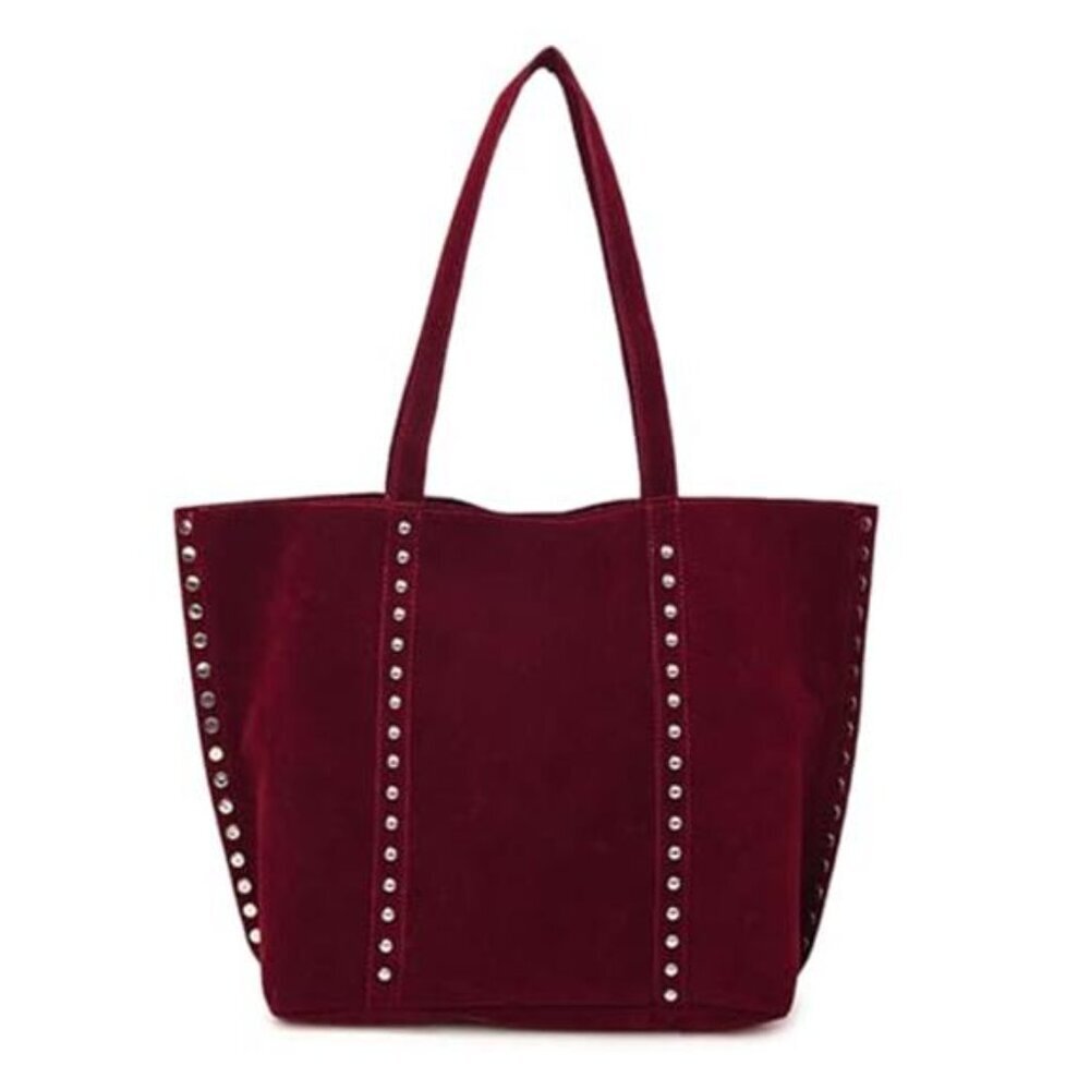 Trendy Tote Bag Faux Suede Shoulder Purse with Studded Design